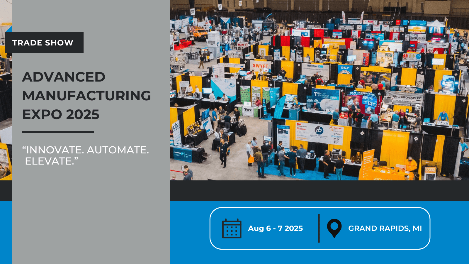 Birds eye view of the 2024 trade show layout for Advanced Manufacturing Expo, to promote the 2025 trade show on Aug 6-7 in Grand Rapids, MI