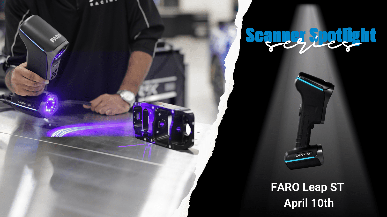 An image showing the FARO Leap ST 3D Scanner being used in a race shop on a part